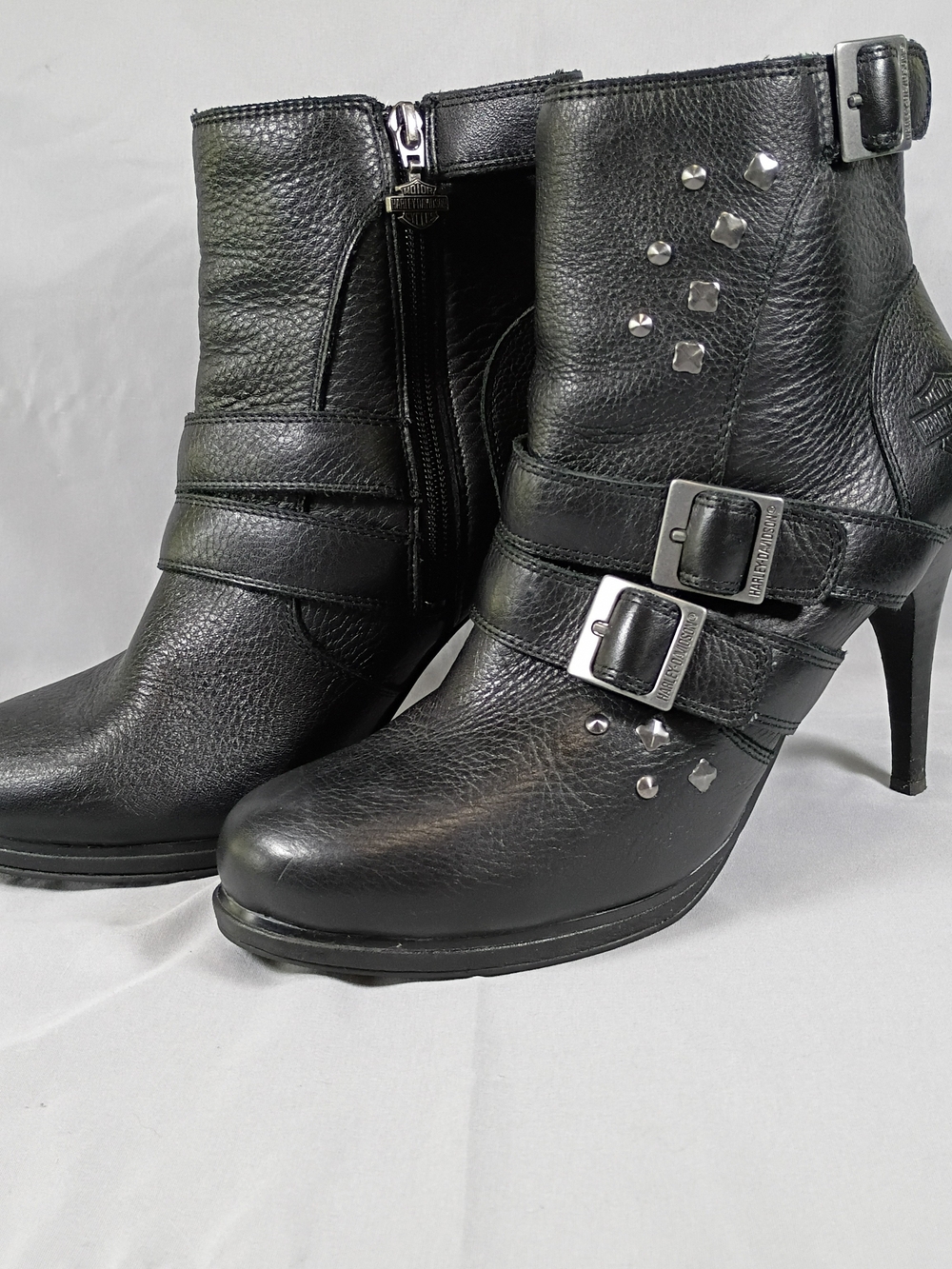 Harley-Davidson Black Leather Stud and Buckle Mid-Heel Ankle Boots